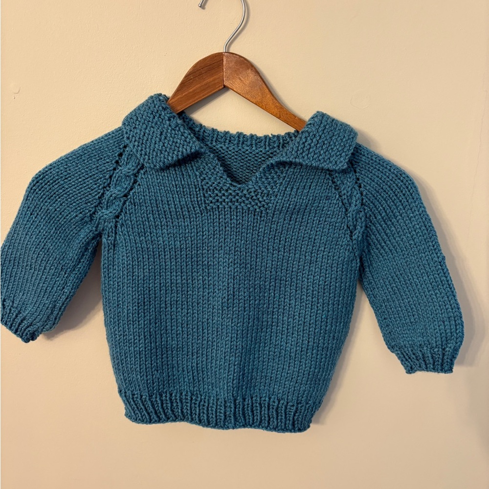 New Hand Knit Teal Kids Pullover Sweater With Collar